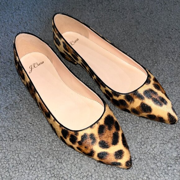 J. CREW MARINA LEOPARD PRINT REAL CALF HAIR POINTY-TOE BALLET FLATS NWT - 7.5 - Picture 1 of 10